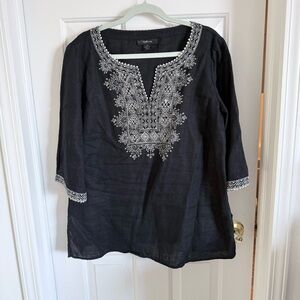 100% Linen Style & Co. Black Tunic with Sequins and White Embroidery